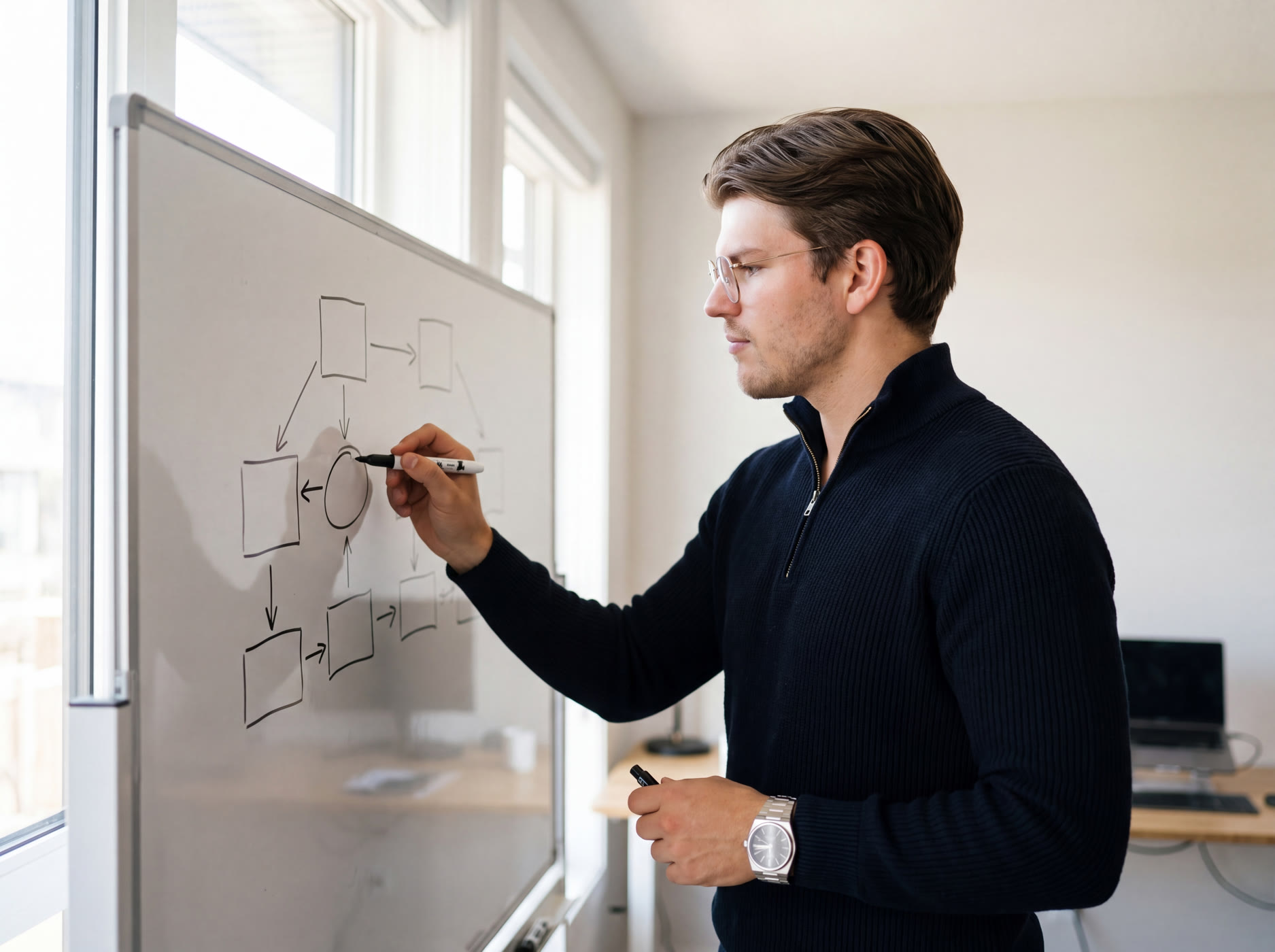 Nicolas skizziert einen Prozess-Ablauf am Whiteboard